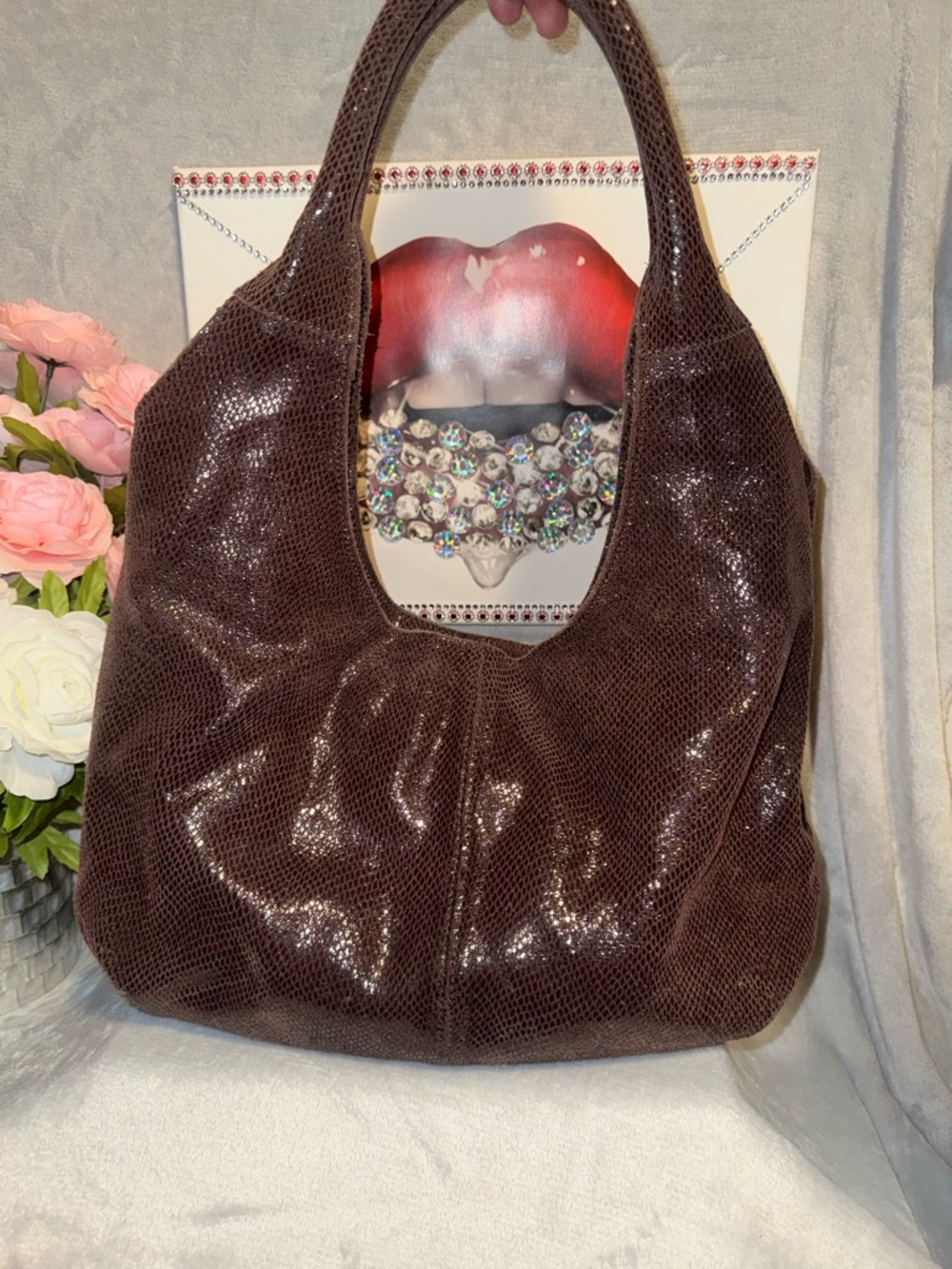 Maxine Couture Luxurious Brown Snake Print Leather Large Hobo Bag